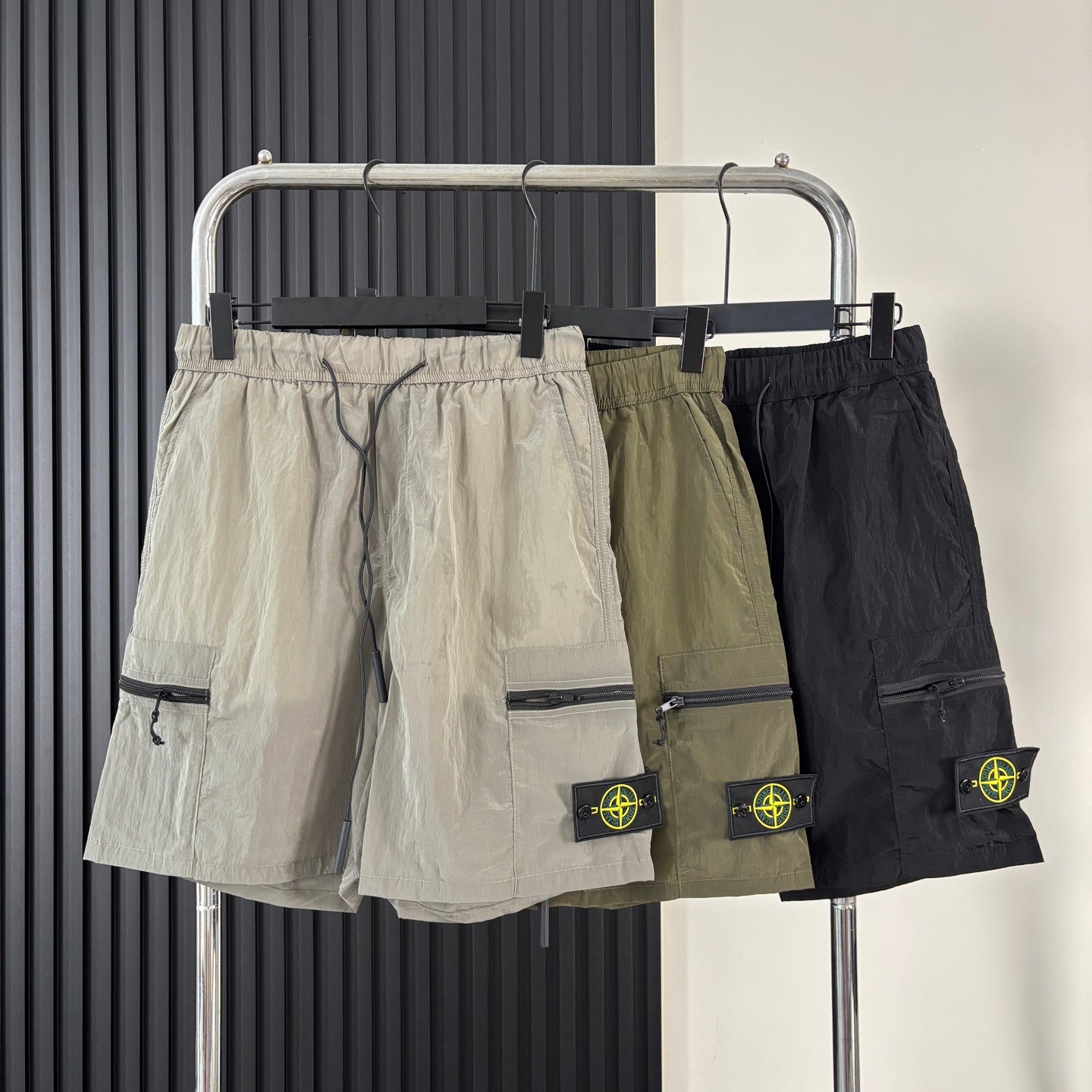 Cargo shorts set with Stone Island patch, beige, olive, and black