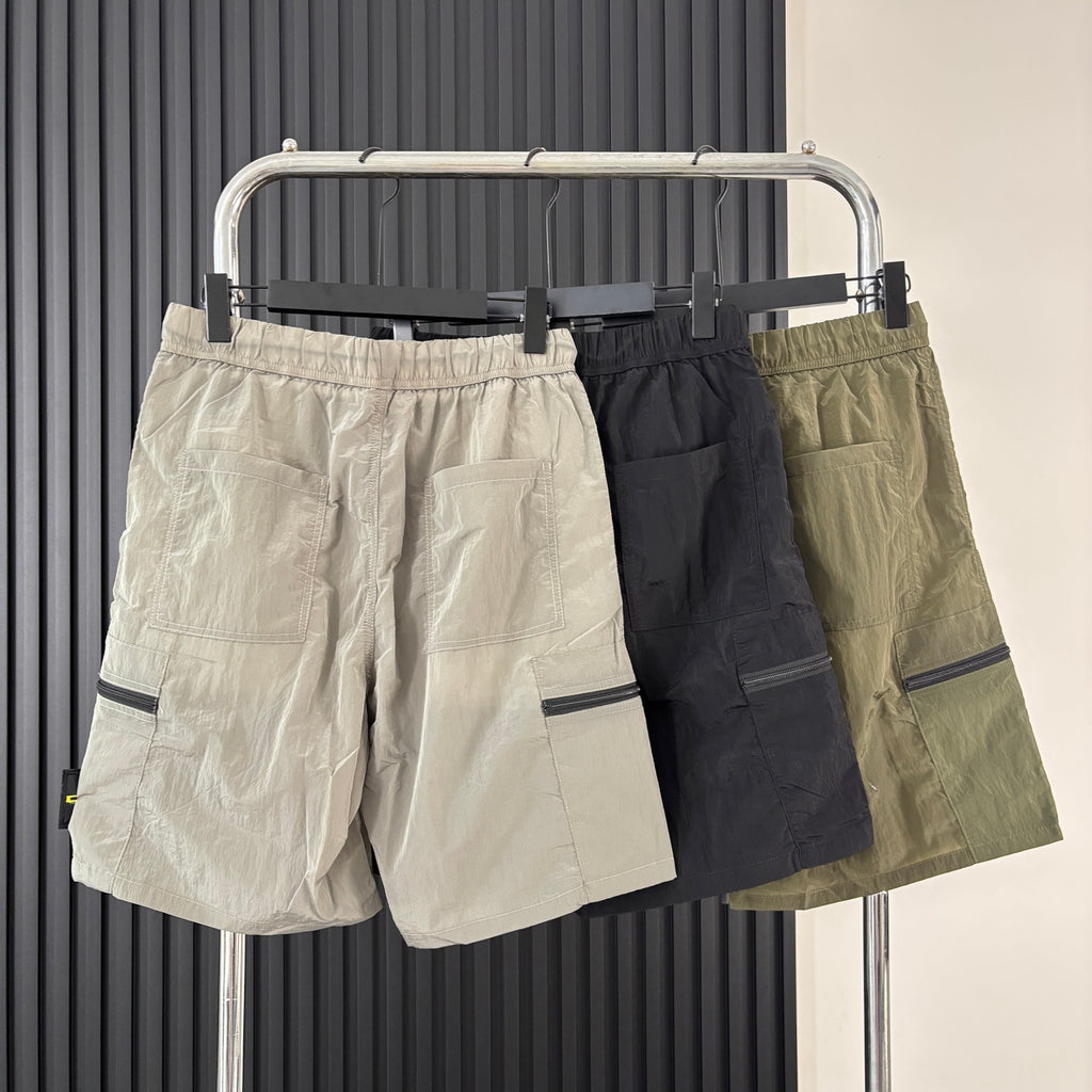 Cargo shorts set with Stone Island patch in cream, black, and olive