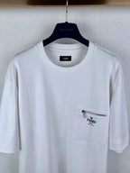 White Fendi T-shirt front, chest pocket with silver zipper and Fendi logo