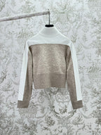 Long-sleeve zip sweater, white upper back and heather gray body with gold zipper