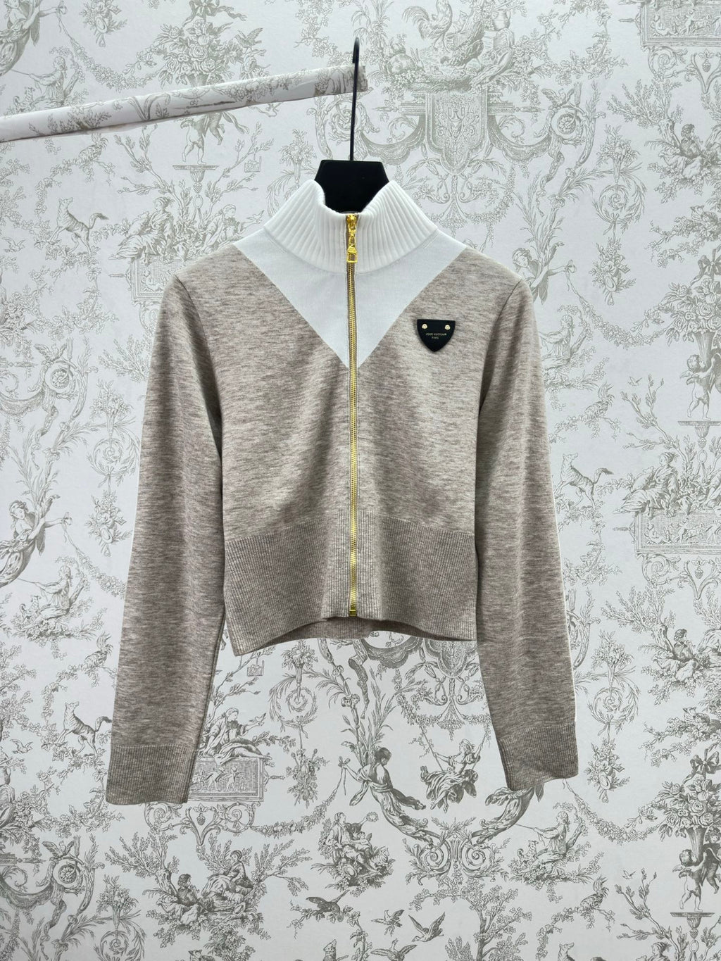 Long-sleeve zip sweater, heather gray with white ribbed turtleneck and gold zipper