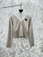 Long-sleeve zip sweater, heather gray with white ribbed turtleneck and gold zipper