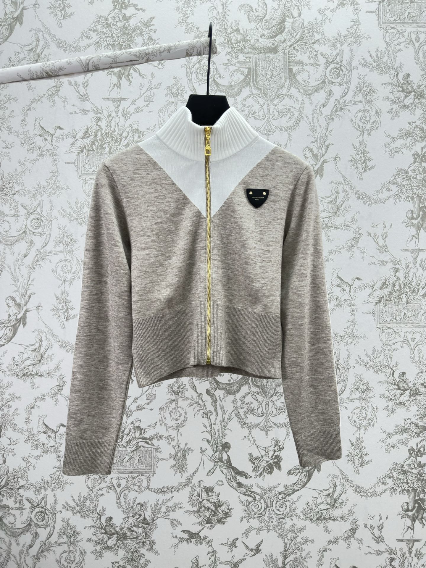 Long-sleeve zip sweater, heather gray with white ribbed turtleneck and gold zipper