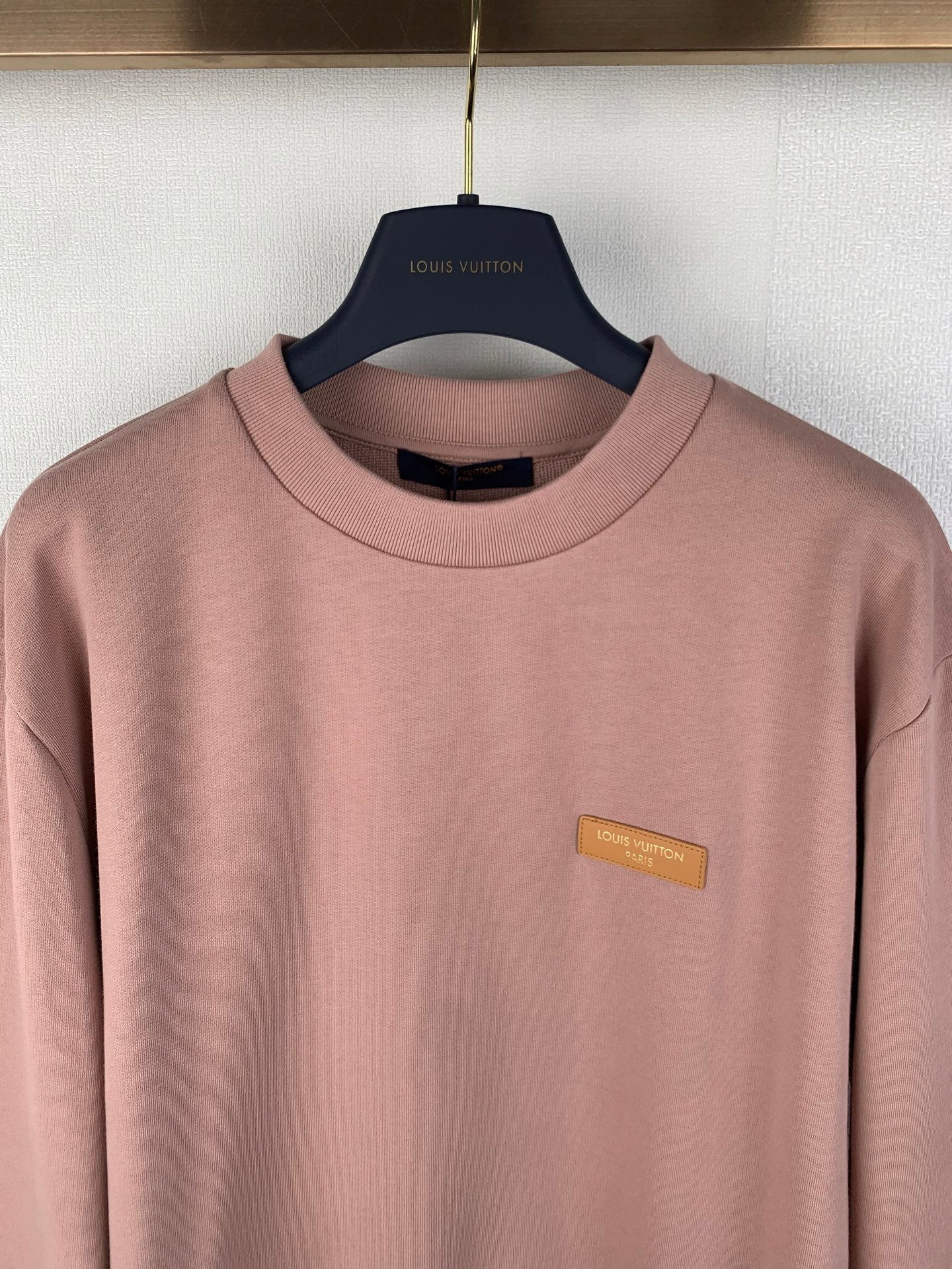 Louis Vuitton crewneck sweatshirt chest with gold logo patch, mauve pink long sleeve