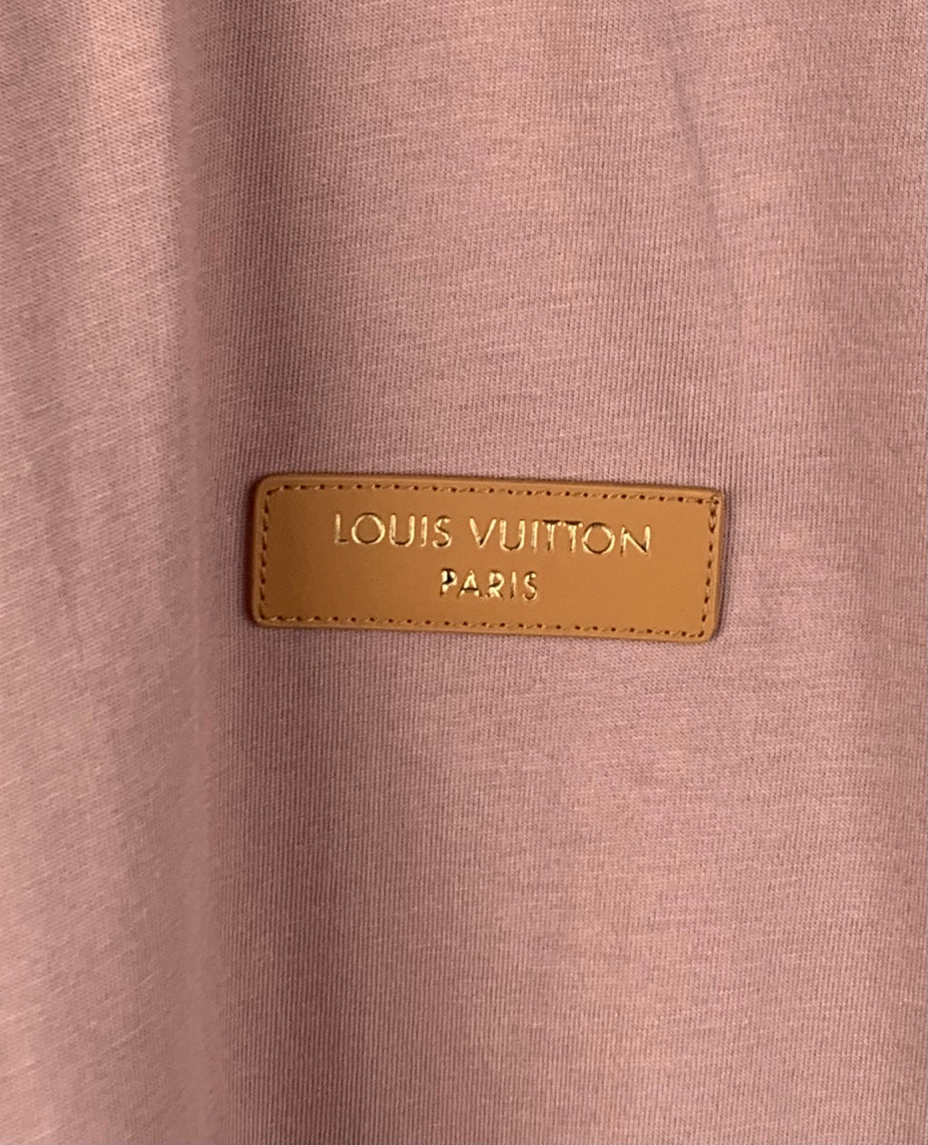 Louis Vuitton Paris logo leather patch on dusty pink T-shirt chest