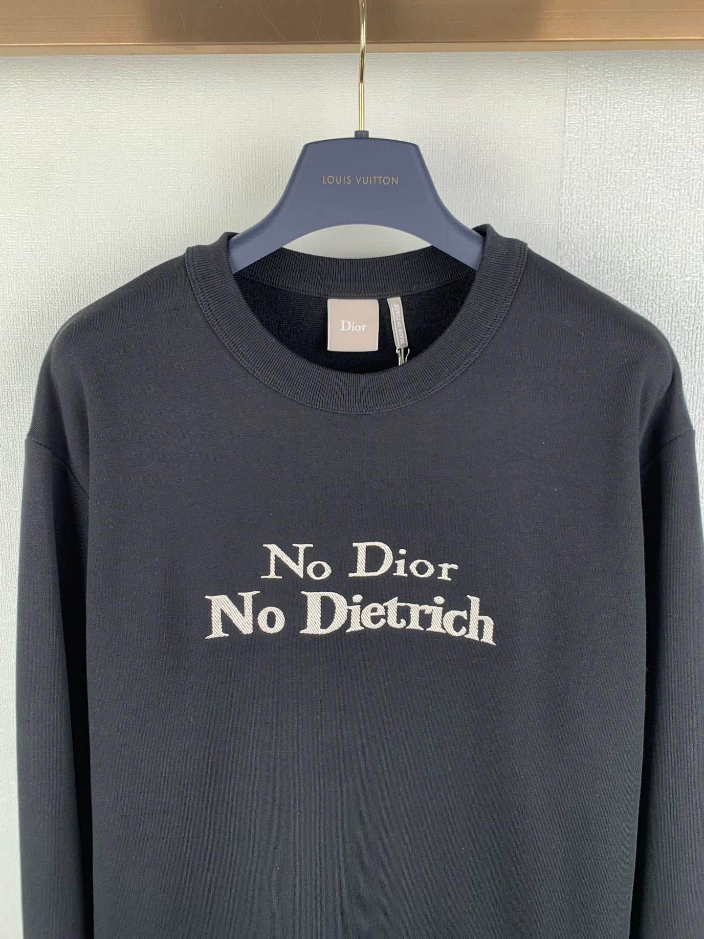 Black crewneck sweatshirt with gold “No Dior No Dietrich” chest text