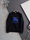 Black sweatshirt with blue horse graphic and BURBERRY logo on the chest.