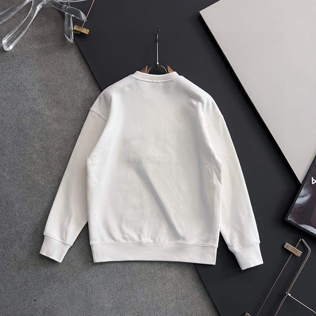 White long-sleeve sweatshirt hanging on a hanger, back view