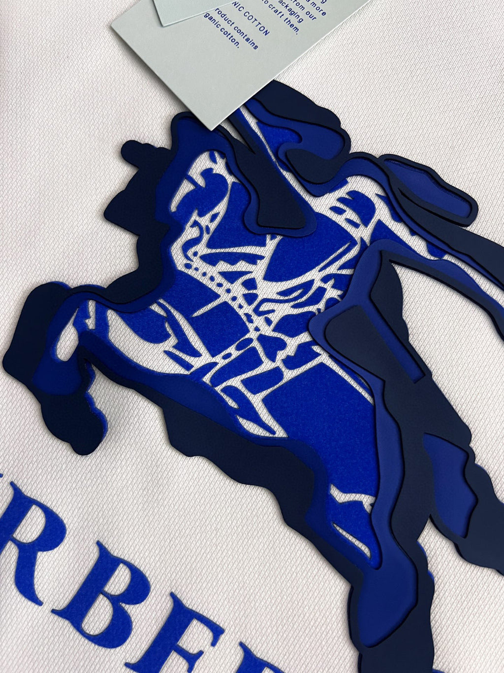 Close-up of blue horse graphic and text on a white sweatshirt front