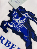 Close-up of blue horse graphic and text on a white sweatshirt front