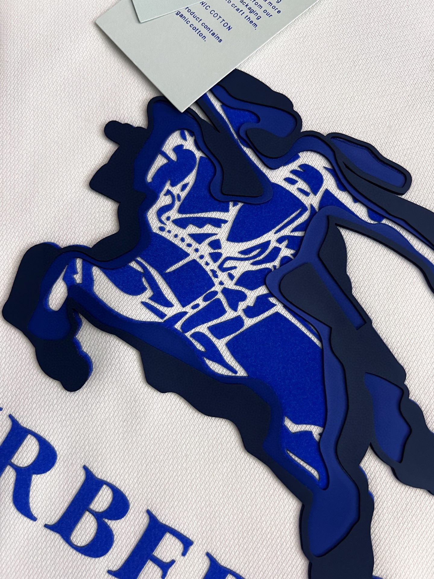 Close-up of blue horse graphic and text on a white sweatshirt front