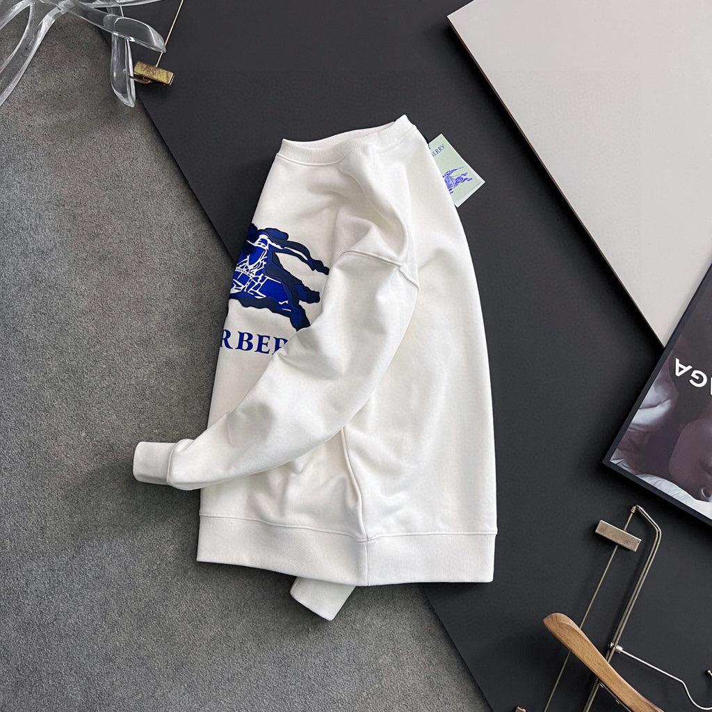 White long-sleeve sweatshirt with blue logo on the side, front view