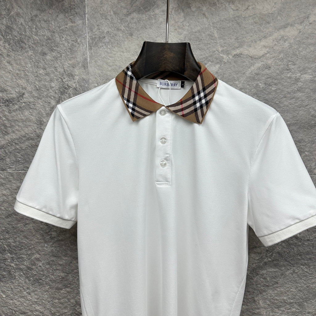 Burberry white polo shirt with check plaid collar and 3-button placket