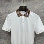 Burberry white polo shirt with check plaid collar and 3-button placket