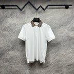 Burberry white polo shirt with checkered plaid collar and button placket