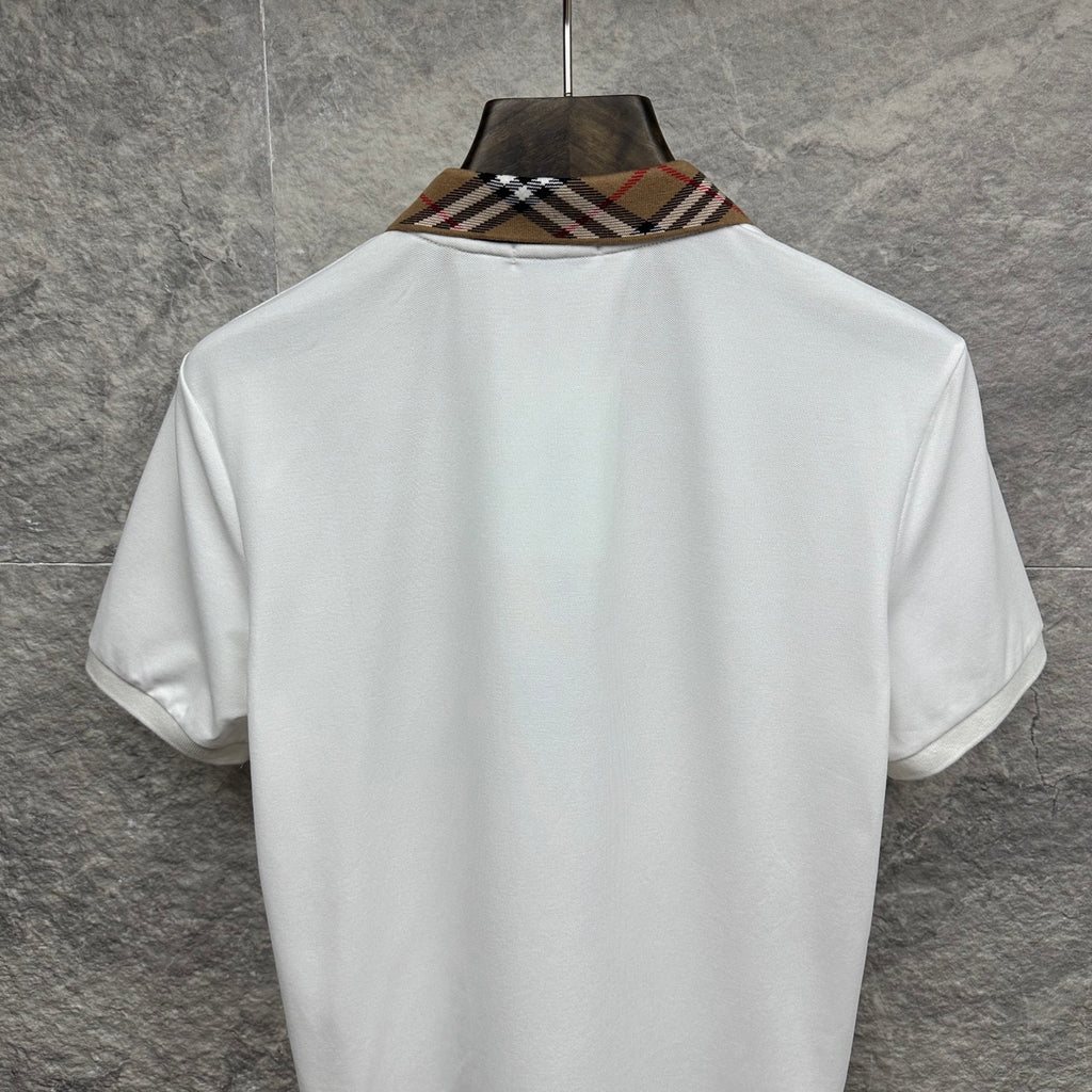 Burberry white polo shirt, back view with checkered collar