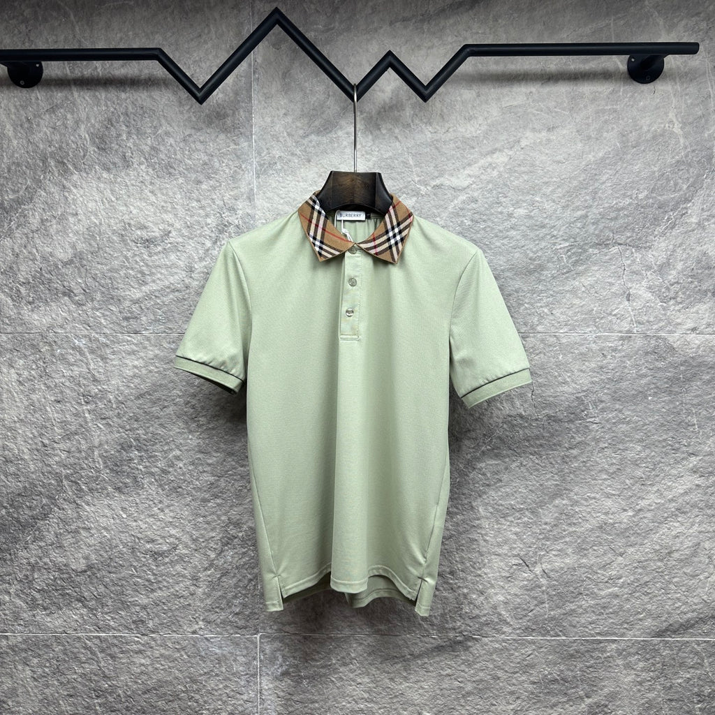 Mint green polo shirt with check-trim collar and button placket