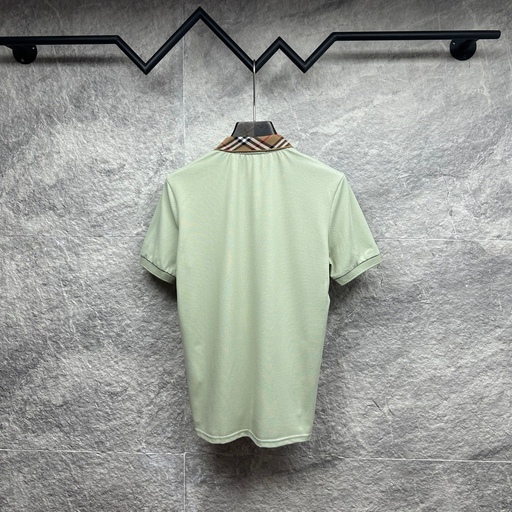 Mint green polo shirt back view with check-trim collar