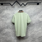 Mint green polo shirt back view with check-trim collar