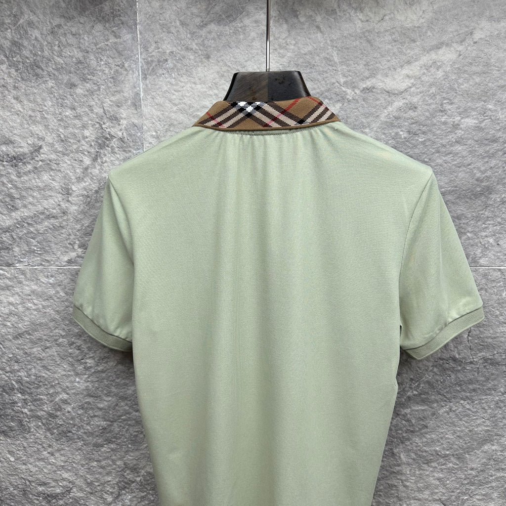 Mint green polo shirt back with check-trim collar and short sleeves