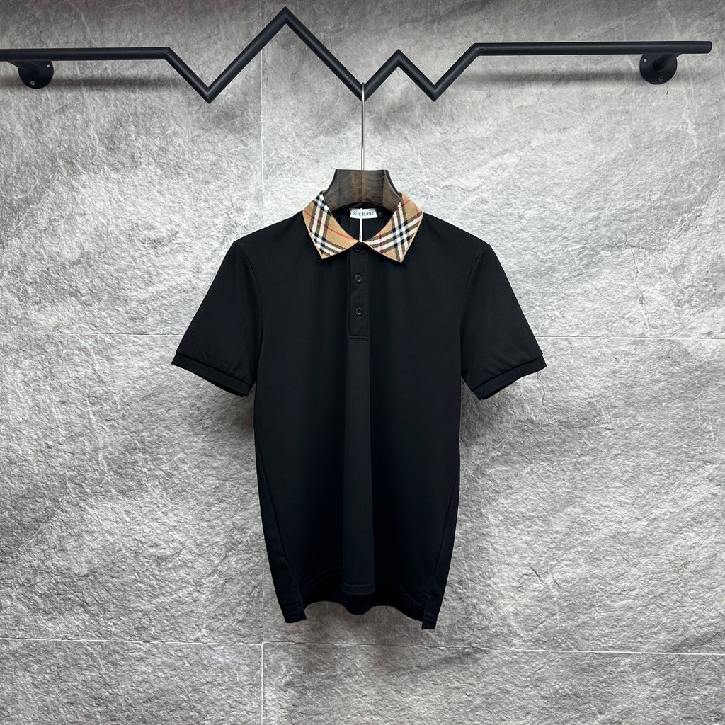 Men's Burberry polo shirt, black with button placket and tartan check collar