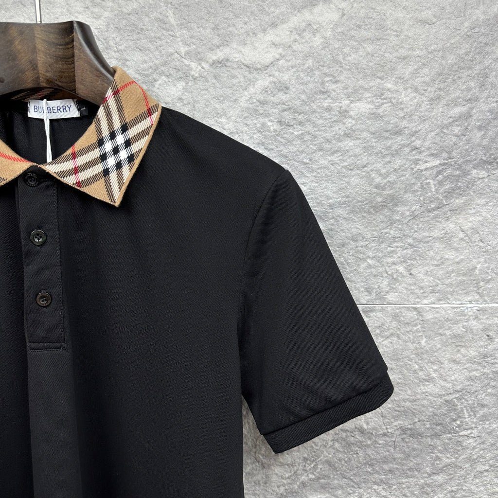 Burberry polo shirt side and sleeve, black with tartan check collar