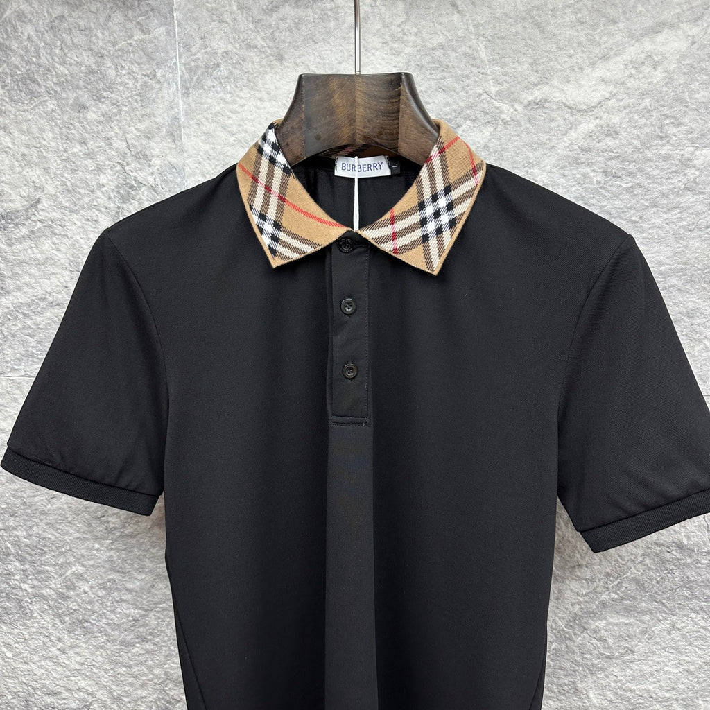 Men's Burberry polo shirt, black with tartan check point collar and button placket