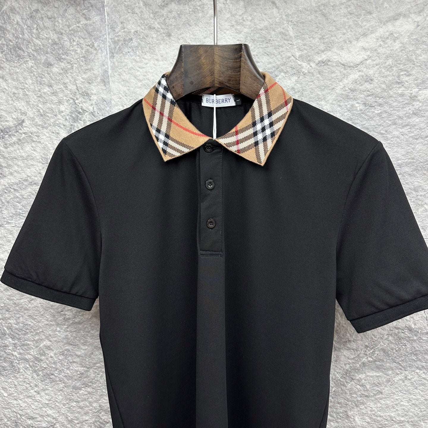 Men's Burberry polo shirt, black with tartan check point collar and button placket