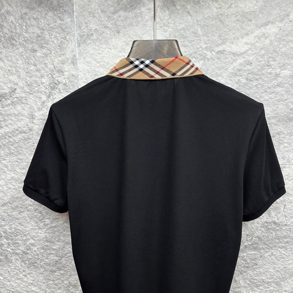 Men's Burberry polo shirt, black back view with tartan check collar