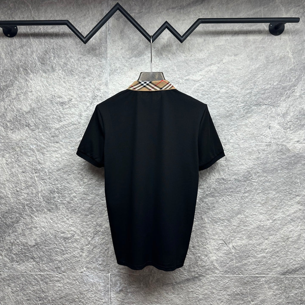 Men's Burberry polo shirt, black, back view with tartan check collar