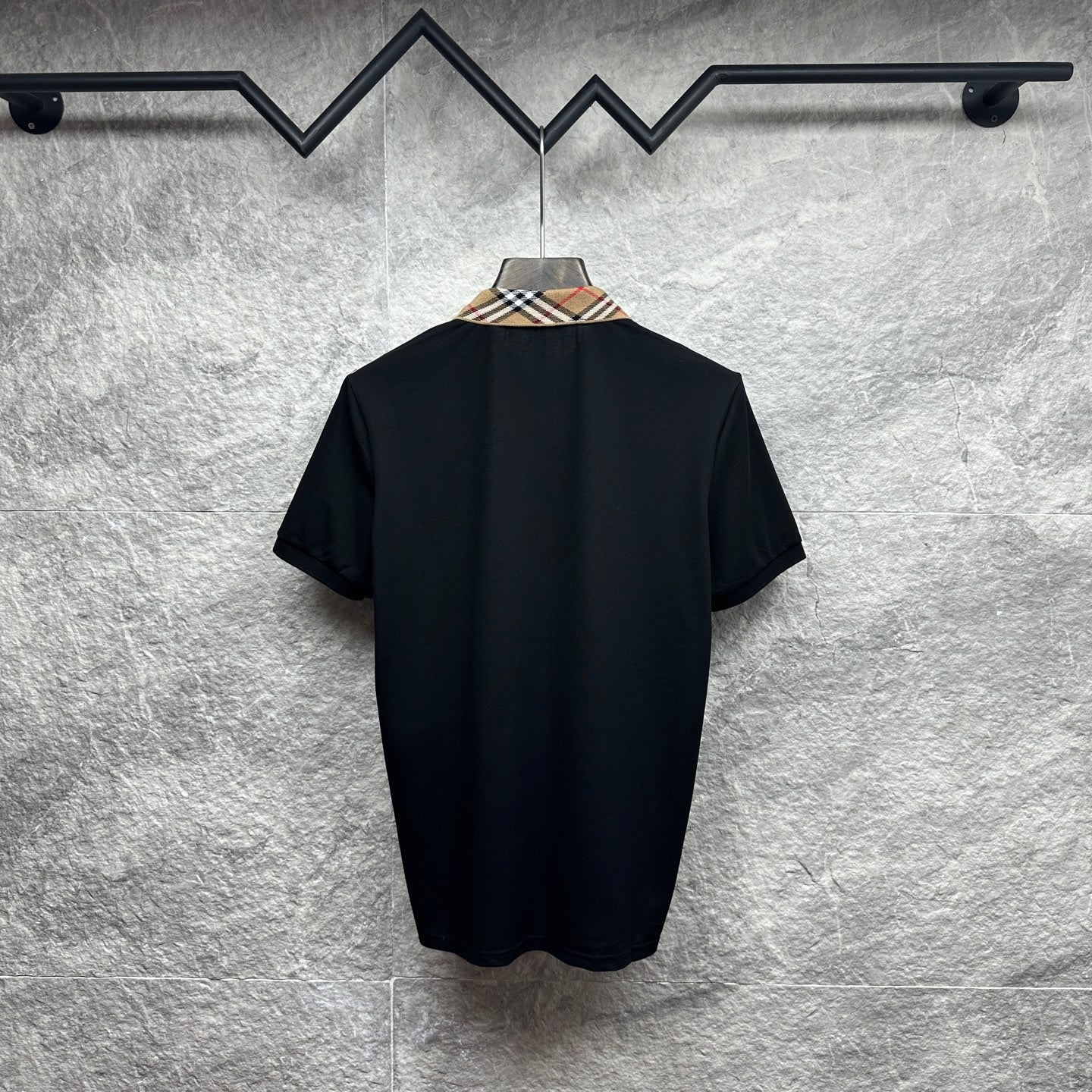 Men's Burberry polo shirt, black, back view with tartan check collar