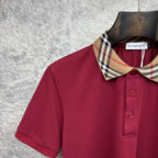 Maroon polo shirt detail: check-pattern collar and three-button placket.