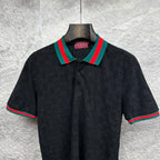 Gucci dark polo shirt with striped ribbed collar and button placket detail