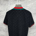 Gucci dark polo shirt back view with green-red striped collar edge