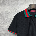 Gucci dark polo shirt close-up of striped collar and dark buttons