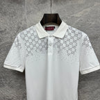 Gucci white polo shirt with GG logo print, button placket, and collar
