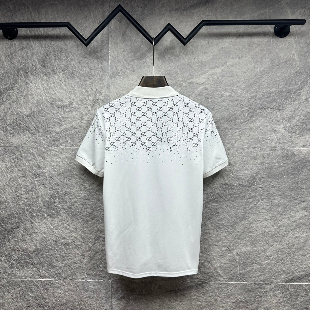 Gucci white polo shirt back with GG pattern and rhinestone details