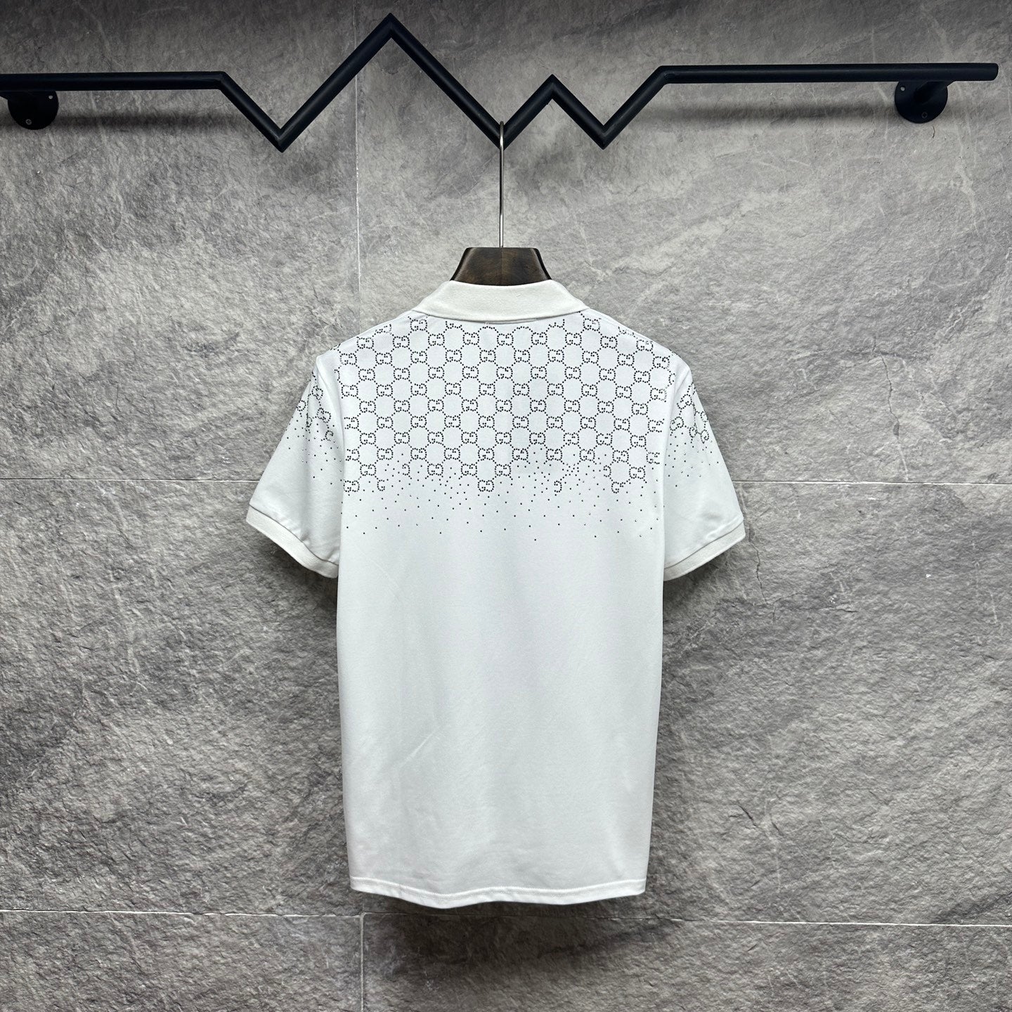 Gucci white polo shirt back with GG pattern and rhinestone details