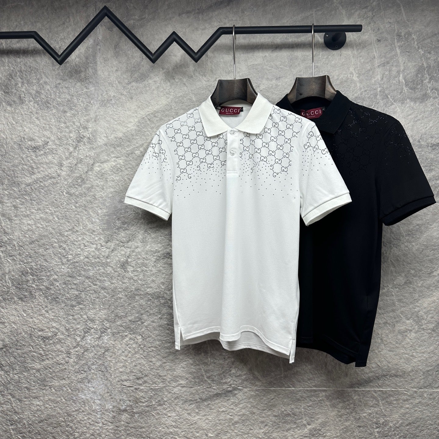 Gucci polo shirts, white and black, with GG logo pattern