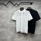 White and black Gucci polo shirts on hangers, short sleeves, button plackets
