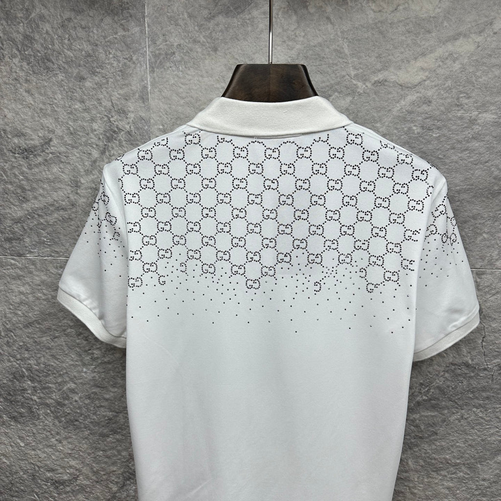 Gucci white polo shirt back view with GG logo pattern and stud accents