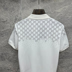 Gucci white polo shirt back view with GG logo pattern and stud accents
