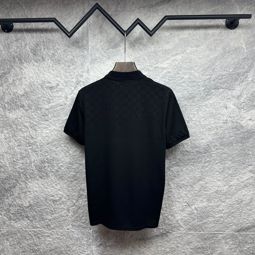 Black Gucci polo shirt, short sleeves, back view with GG pattern