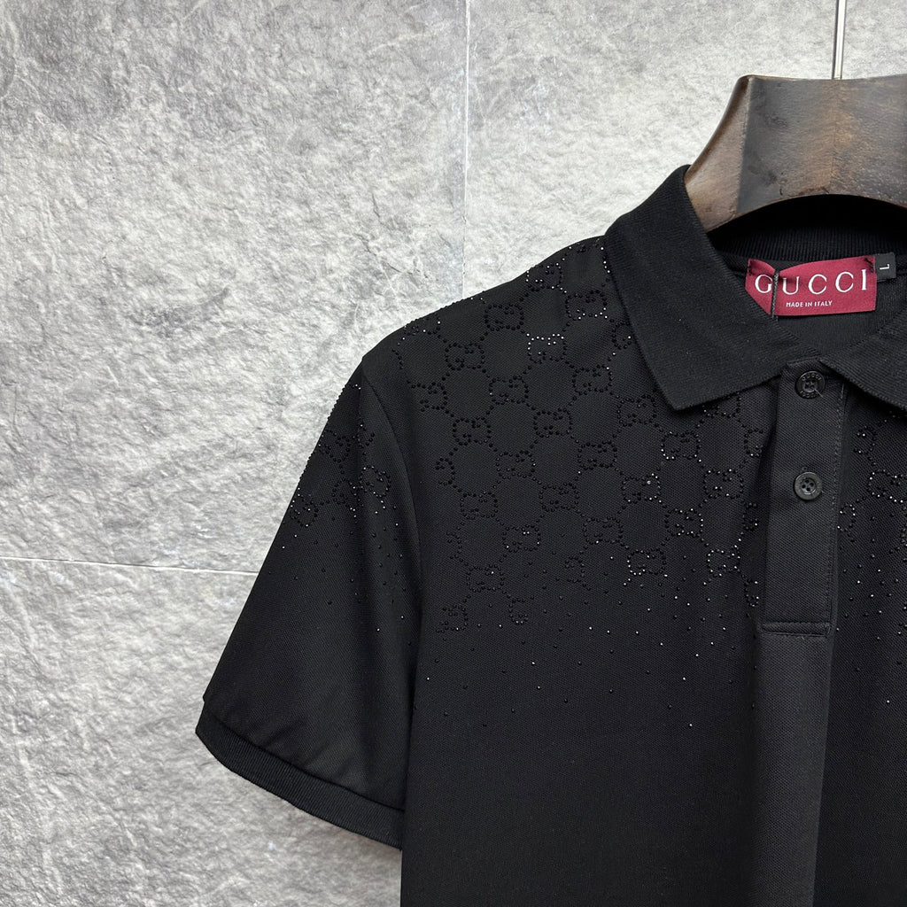 Black Gucci polo shirt with pointed collar and GG pattern