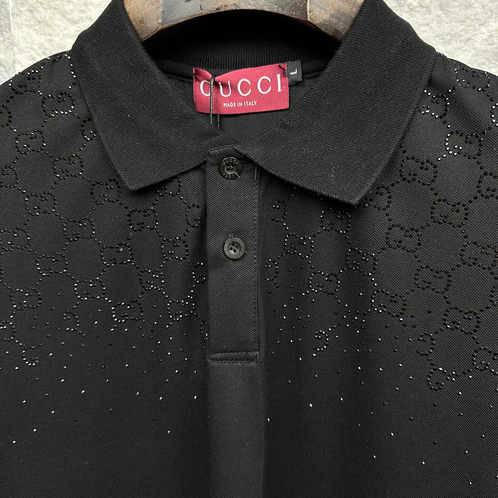 Black Gucci polo shirt neckline with Gucci label and GG pattern