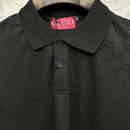 Black Gucci polo shirt neckline with Gucci label and GG pattern
