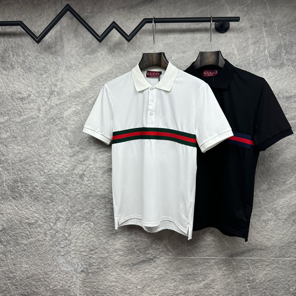 Gucci polo shirt set: white and black, each with striped chest band and collar.