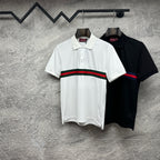 Gucci polo shirt set: white and black, each with striped chest band and collar.