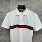 Gucci polo shirt in white with red and green striped band and button-front placket