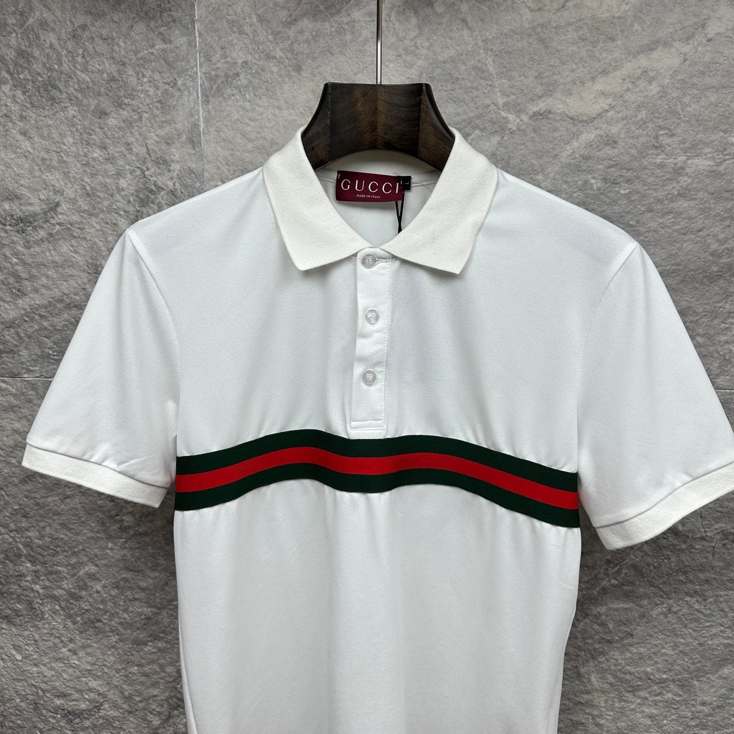 Gucci polo shirt in white with red and green striped band and button-front placket